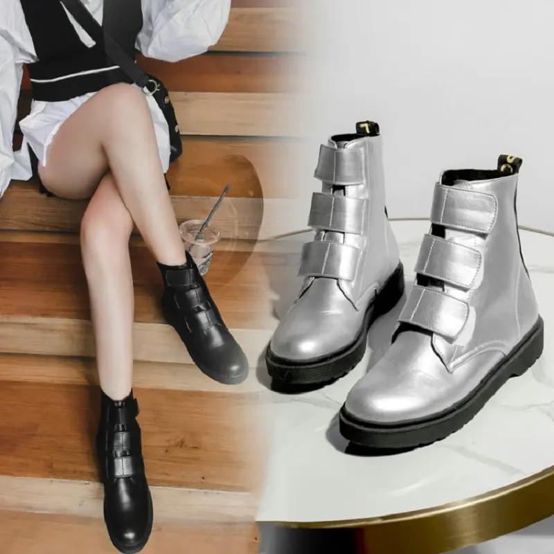 ZawsThia 2020 autumn winter hook &amp loop silver black comfortable woman flat shoes women platform martin ankle boots big size 43 | Обувь