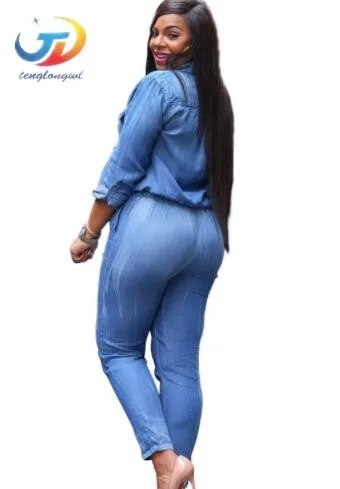 Tenglongwl Blue Jeans Jumpsuits For Women Fashion Long Sleeve Female Denim Slim Ladies Plus Size | Женская одежда