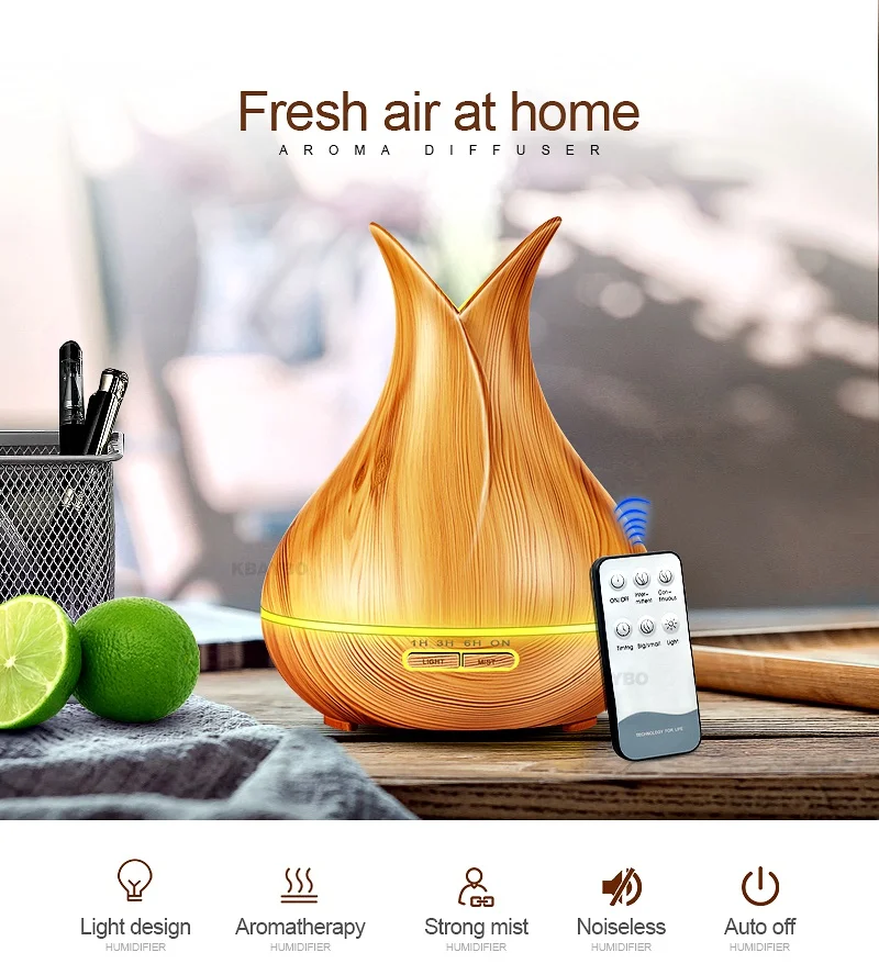 KBAYBO New 400ml Wood Grain Ultrasonic Air Humidifier Electric Aroma Essential Oil Diffuser with 7 Color Changing LED Lights
