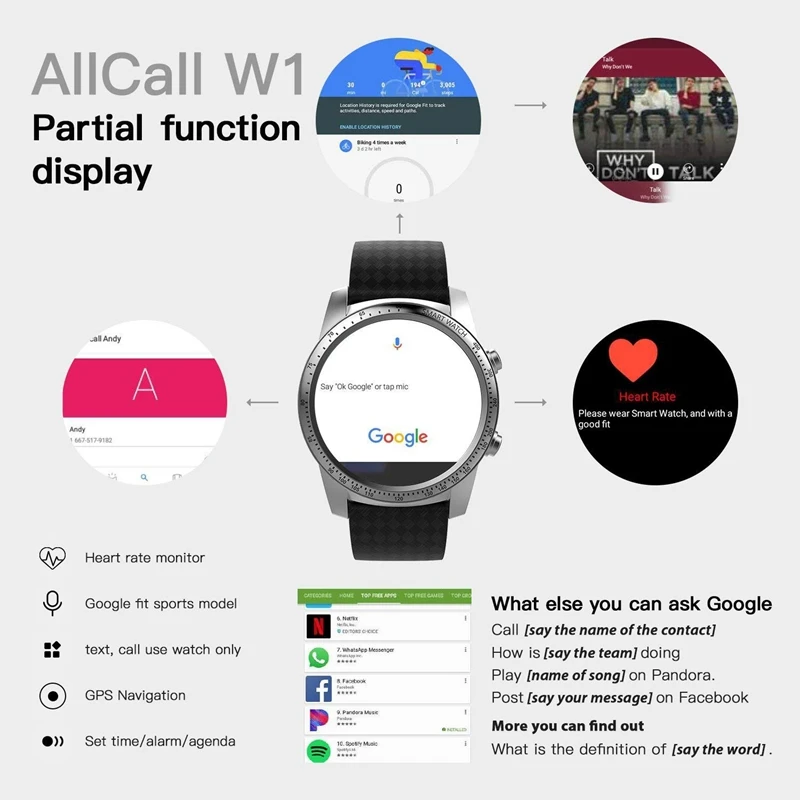 Автономный Смарт-часы W1 HRM, фитнес-приложение, Google Assistant Android 5.1OS 3g разблокированный телефон Поддержка at& T gps встроенный, BT головки