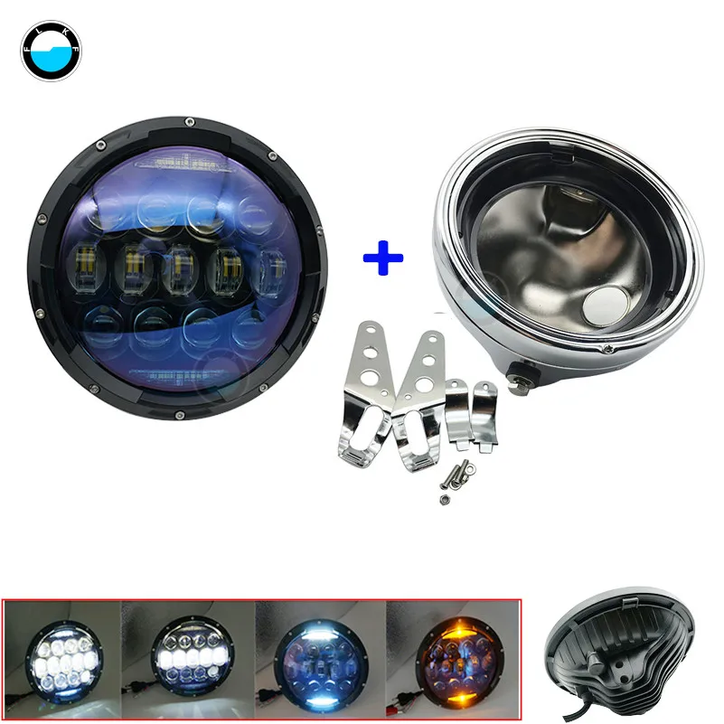 light and chrome set " H4 аксессуары для мотоциклов фара+ 7 дюймов led ведро фары отделка кольцо для мотоцикла Чоппер Кафе Racer Bobber curiers - Цвет: light and chrome set