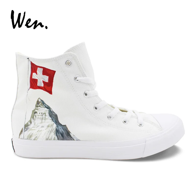 

Wen Sneakers White Men Vulcanize Shoes Custom Design Switzerland Flag Alps Edelweiss Hand Painted Canvas Shoes Women Plimsolls