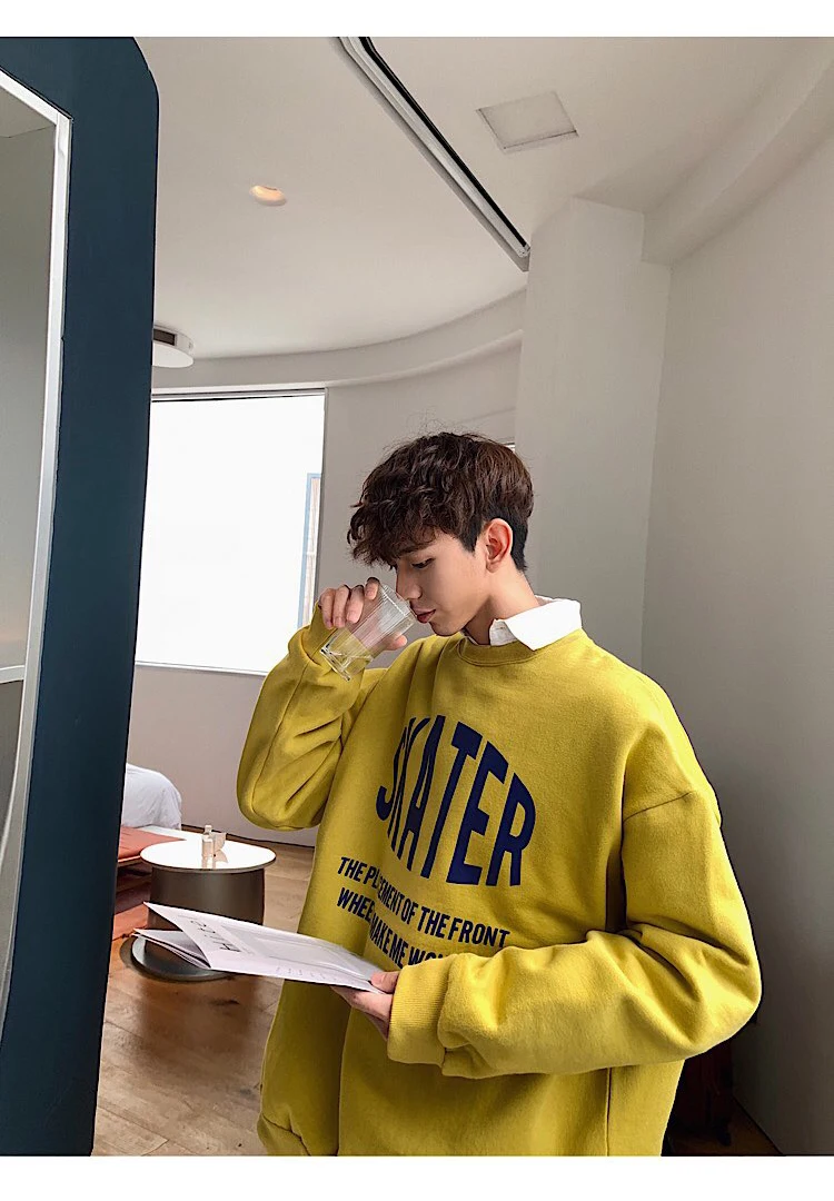 Spring And Autumn New Personality Trend Print Hoodie Loose Casual Round Neck Pullover Black / White / Yellow M-XL
