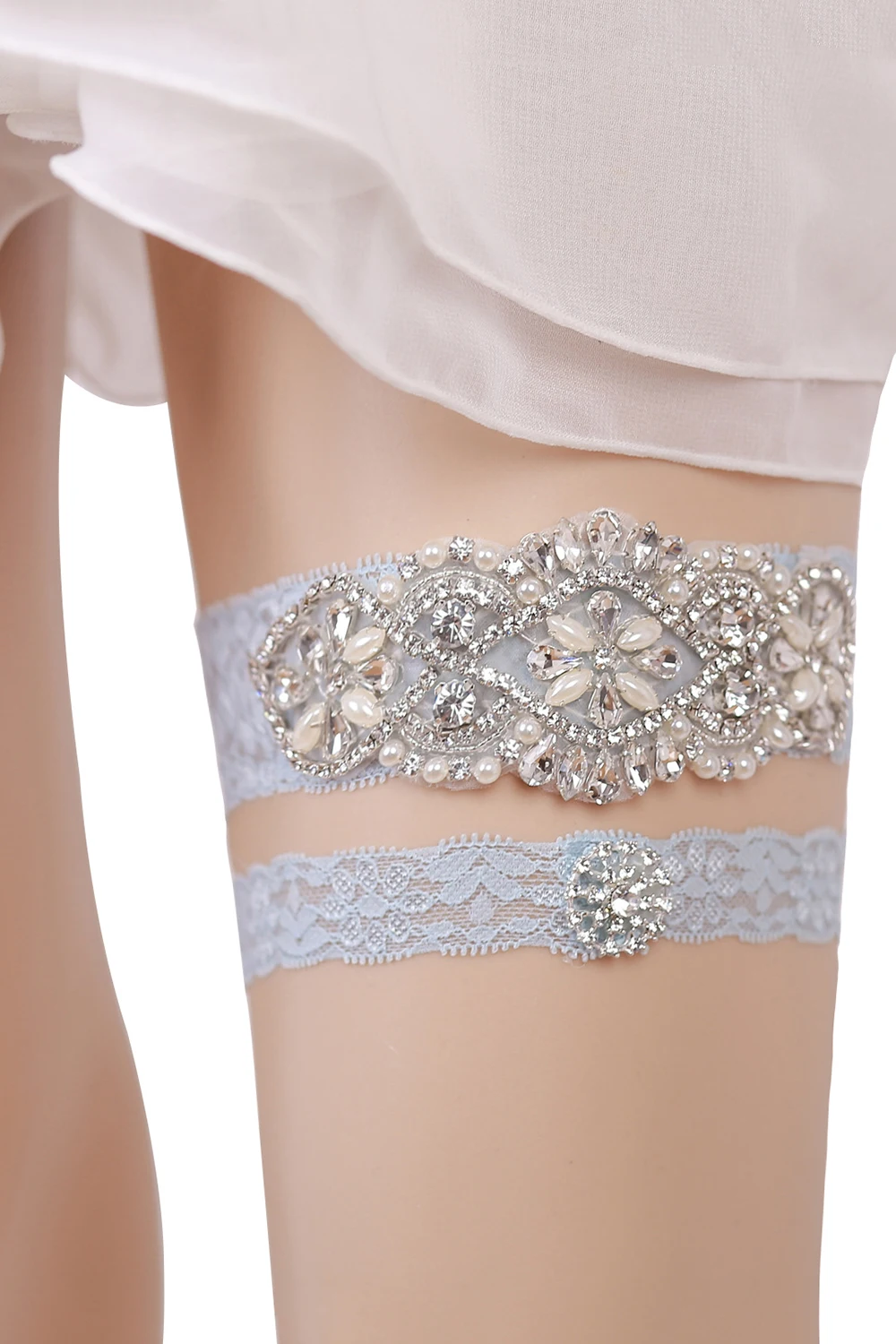 

Luxury New Ladies Wedding Light Blue Garter With Rhinestone Bride Hand Made Pearl Bridal Thigh Garter Belt Wedding Accessories