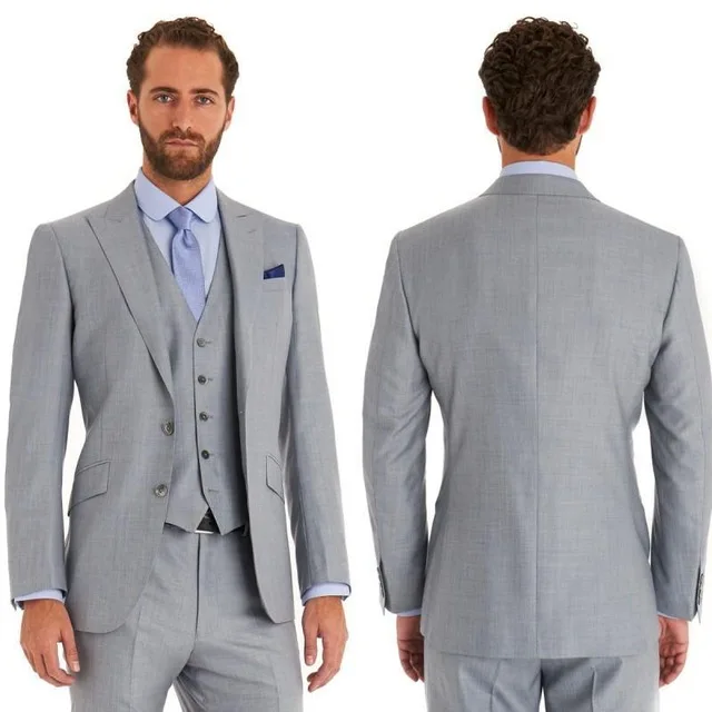 

High Quality Mens Suits Groom Tuxedos Light Grey Wedding Party Dinner Best Man Suits Blazer (Jacket+Pants+Vest+Tie) NO:275