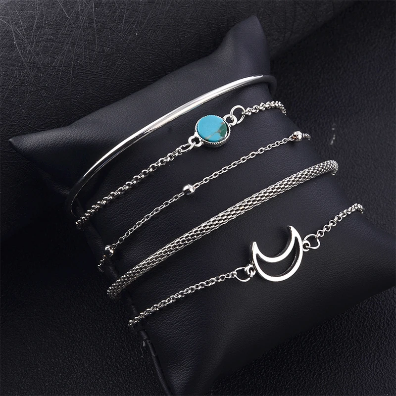 5 шт./компл. ретро полый Луна драгоценный камень цепочка, круглые бусины открытие серебряный браслет набор классические женские модные ювелирные аксессуары