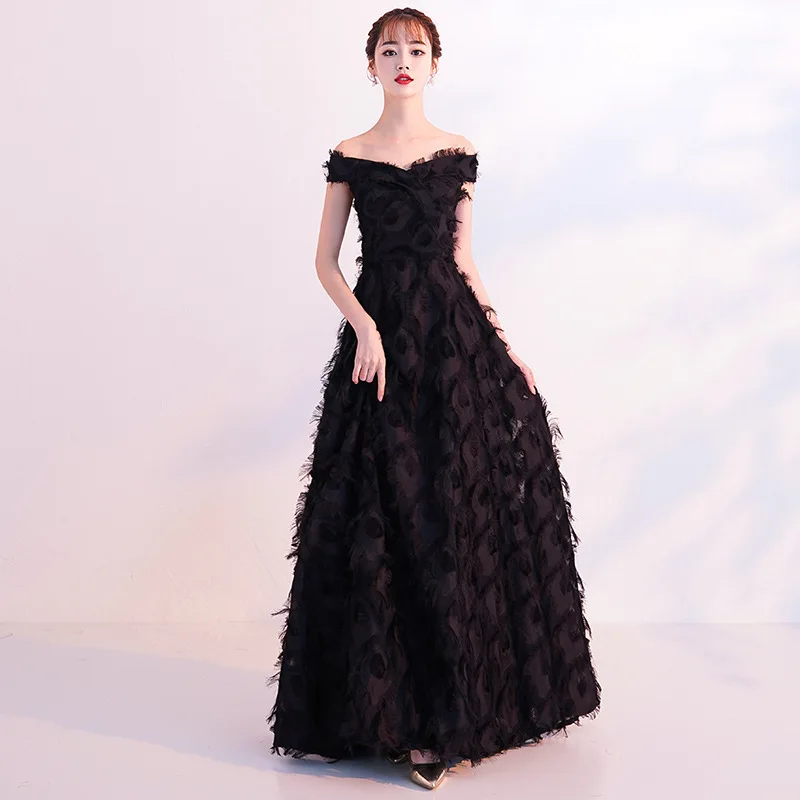 

2019 New Slim Banquet Feathers Shoulder Sexy Elegant Dress