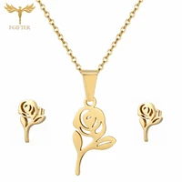 fgifter cute rose flower jewellery set for women fine hollow design golden stainless steel earrings pendant necklace woman gift