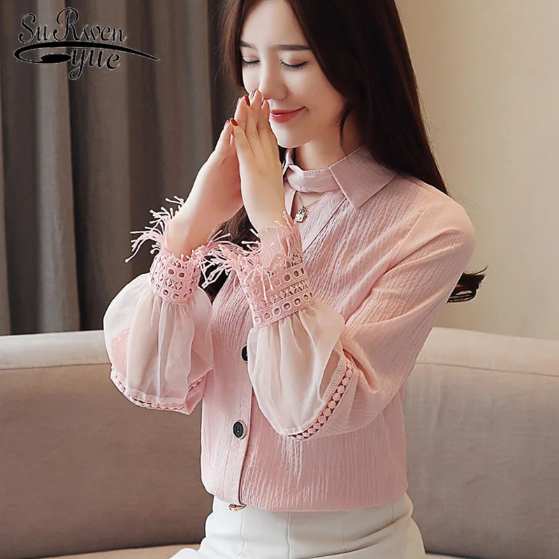 

Spring 2019 New Chiffon Blouse Long Sleeve women blouses shirt lace pink shirt woman white blouse causal womens tops 1891 50