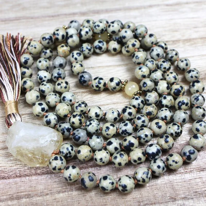 Spiritual Rough Stone Pendant Boho Jewelry Dalmatian J-asper 108 Mala Beads Collar Knotted Tassel Necklace Raw C-itrine Q-uartz | Украшения
