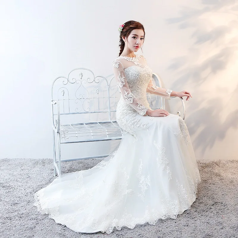 Vivian's Bridal 2018 корейский стиль белое свадебное платье Русалка Иллюзия Кружева