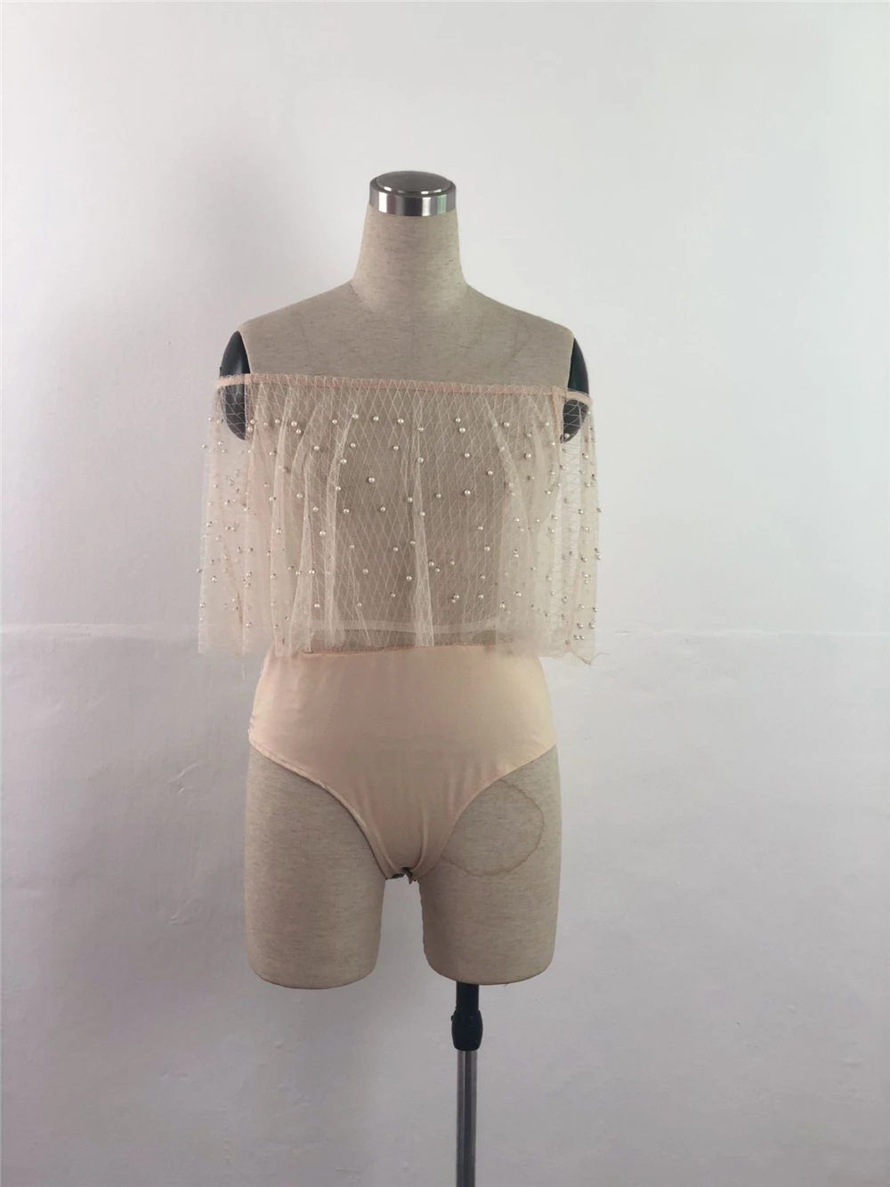 

Black Elegant Beading Mesh See Through Bodysuit Women Ruffle Skinny Slim Bodysuits 2018 Off the Shoulder Sexy Summer Bodysuit