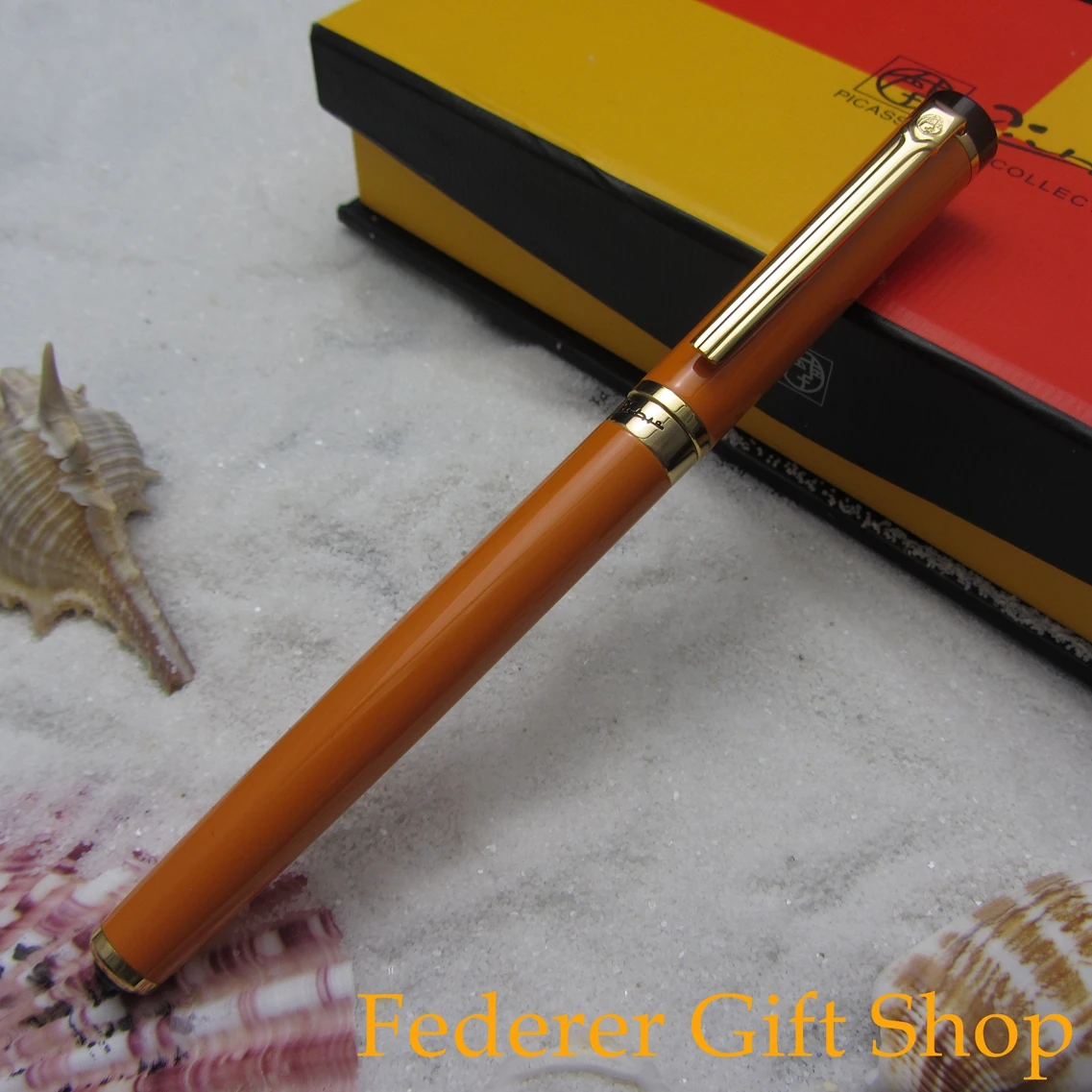 

Picasso 908 Century Pioneer Fountain Pen Orenge and Gold Clip F Nib Metal Case Ink Pen 3 Color Optional