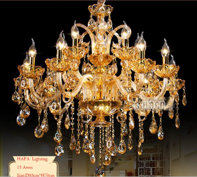 Candelabro de cristal de lujo de gran tamaño para decoración del hogar, iluminación de araña moderna de gran brillo, color ámbar/dorado/cónico/claro, 100% K9