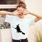 Ведьма езда метла печатных короткий рукав Футболка женская Harajuku футболка белая тонкая секция Корейская футболка Женские топы одежда