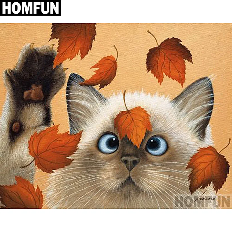 

Алмазная 5D Вышивка HOMFUN A06564, полноразмерная/круглая картина «Кошачьи листья», вышивка крестиком, домашний декор, подарок