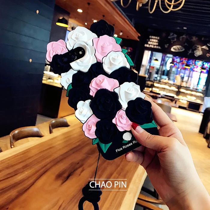 VANFOO 3D Rose Silicone Case For iPhone X 7 8 Plus 6 6S Stereo Flos Rosae Rugosae Flower &amp Lanyard Ring Soft Phone Back Cover |