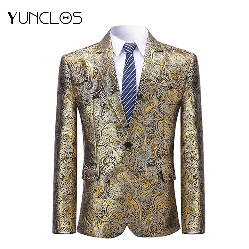 YUNCLOS мужской пиджак с золотым принтом один Блейзер на одной пуговице блейзер для