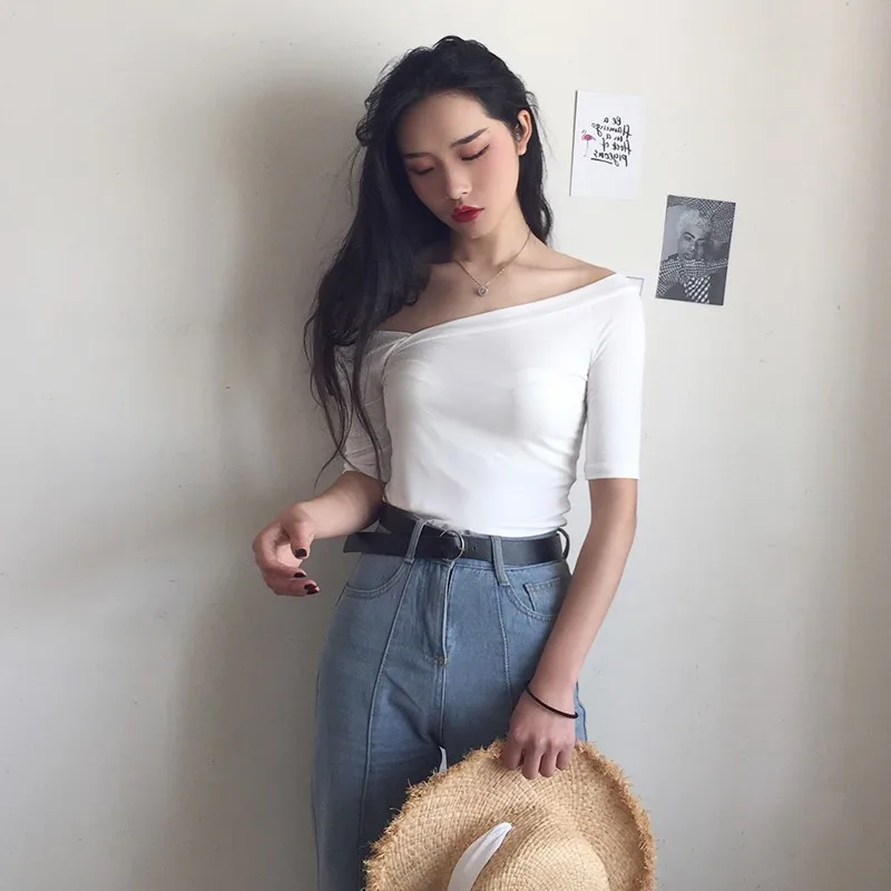 Short Solid Office Lady Off Shoulder Tshirt Elegant Women Shirts Backless Wryshoulder Crop Top Korean Style Clothes Tunic Tops | Женская