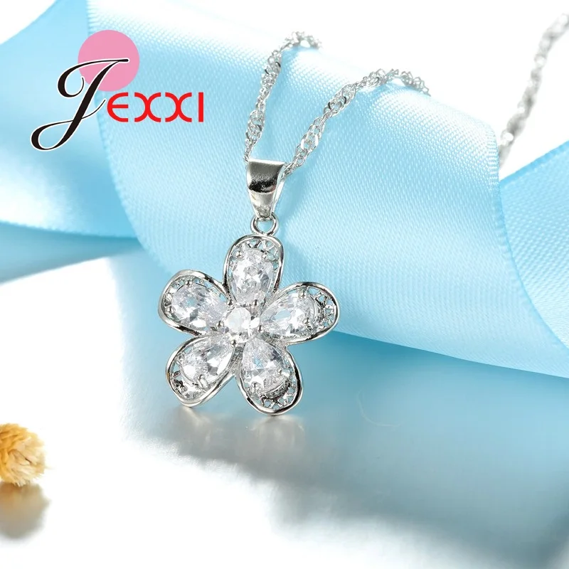 

New Coming Beautiful Flower Shape 925 Sterling Silver Jewelry Sets CZ Crystal Zircon Pendant Necklace Earrings Set Hot