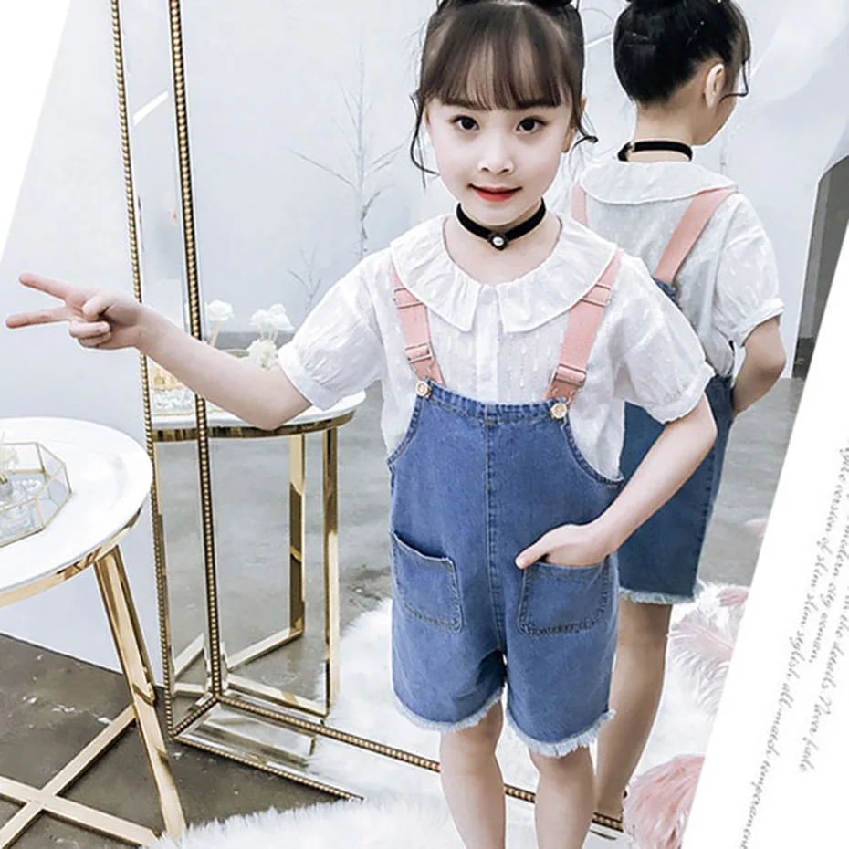 Комплект одежды для девочек белая блузка + джинсовый комбинезон летняя одежда из