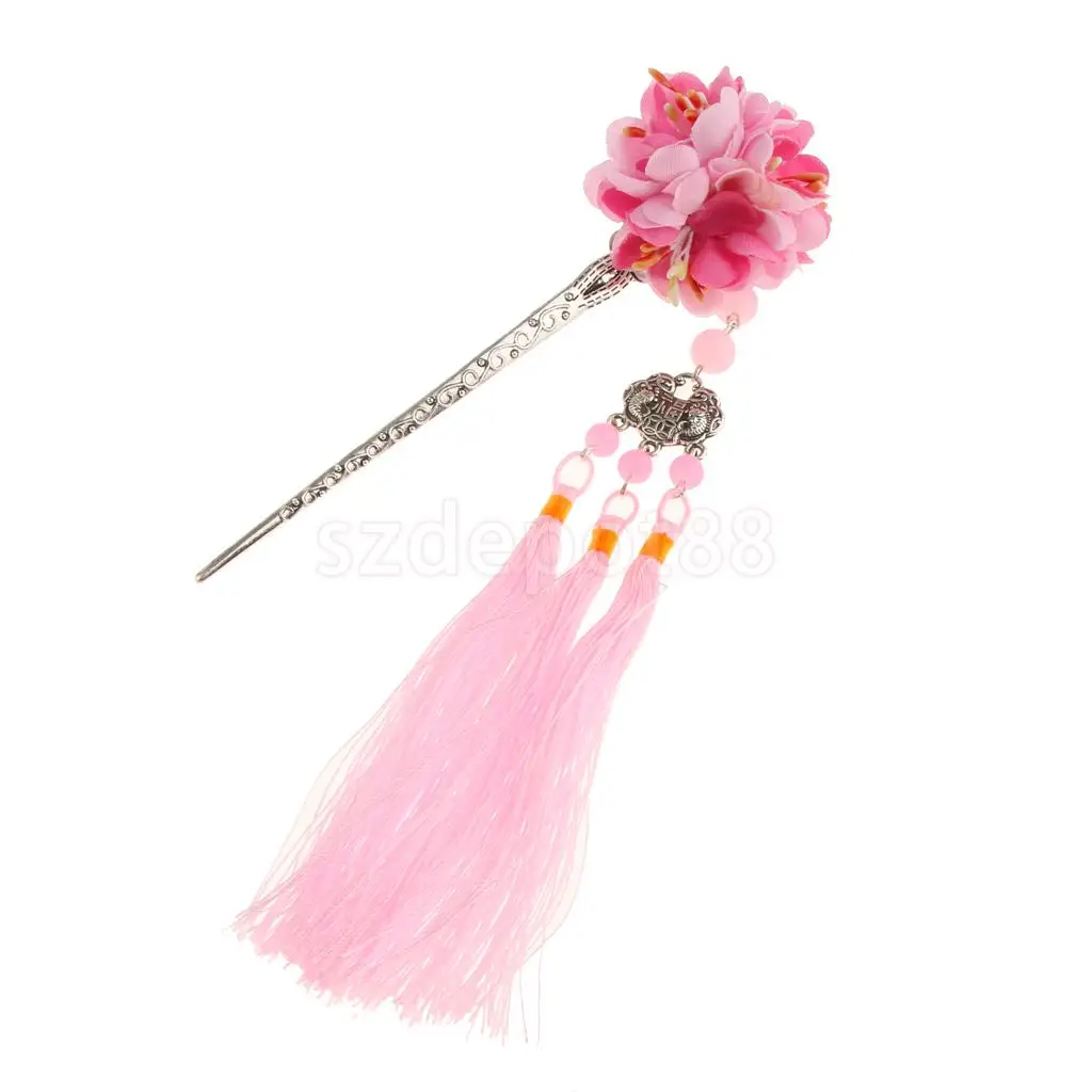 Pink Заколка для волос с цветами Kanzashi Tassel Chignon Винтаж для кимоно Hanfu - Цвет: Pink