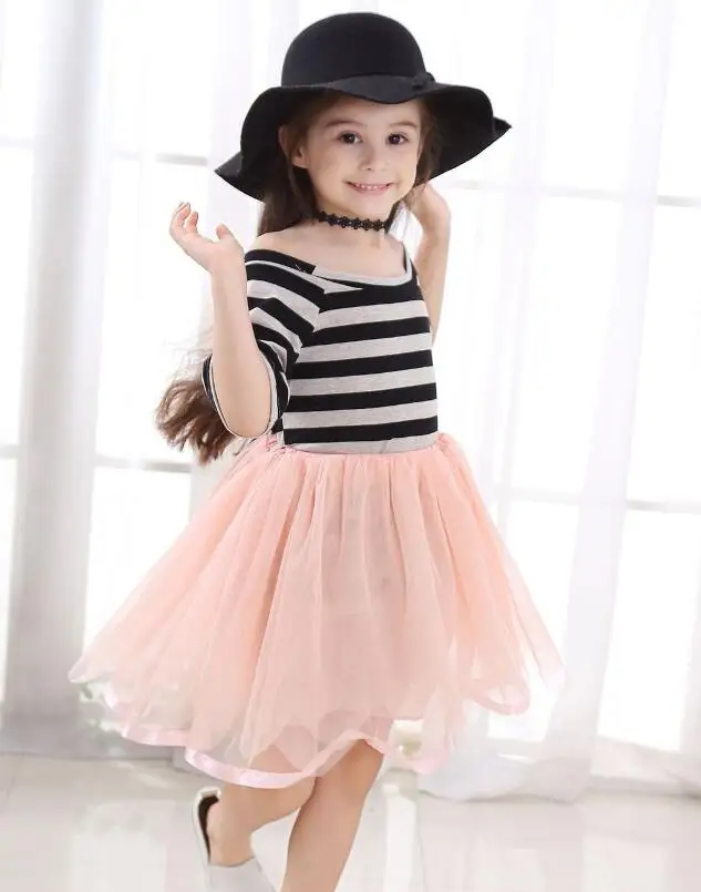 2019 summer new ins girls children's fashion trend striped stitching mesh dress in the big girl princess | Детская одежда и