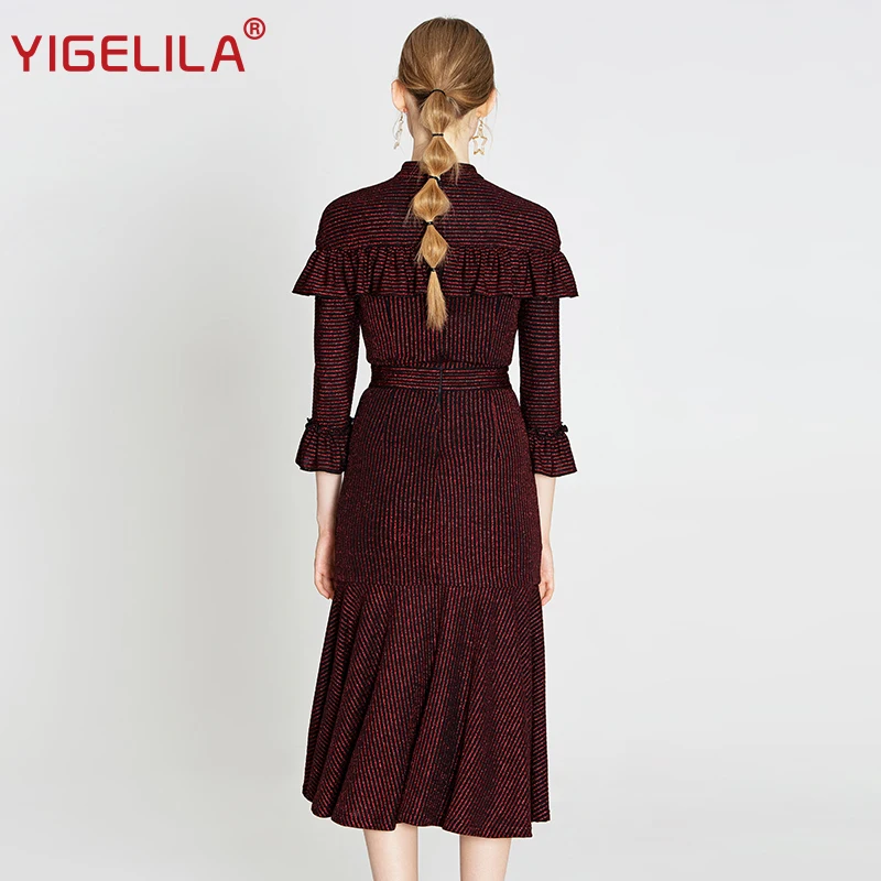 Женское платье до середины икры YIGELILA облегающее бальное в полоску с круглым