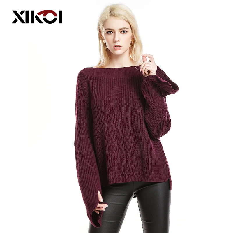 XIKOI Large Size Women's Clothing Soft Sweaters Shirt Plus Long Flare Sleeve Solid Knitted Sweater Ladies Sexy Pullovers Jumpers | Женская