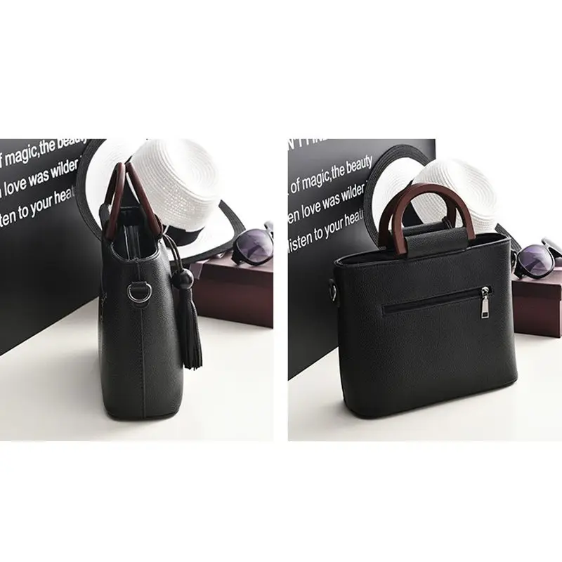 Женская сумка-мессенджер из искусственной кожи с деревянной ручкой и кисточками