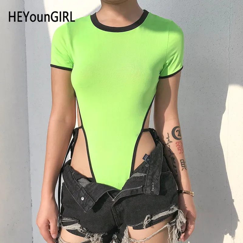 Зеленый HEYounGIRL, высокая талия, сексуальный костюм в обтяжку, женский, короткий рукав, неоновый, зеленый, женский комбинезон, завязывается, дамские тела, уличная одежда, лето - Цвет: Зеленый