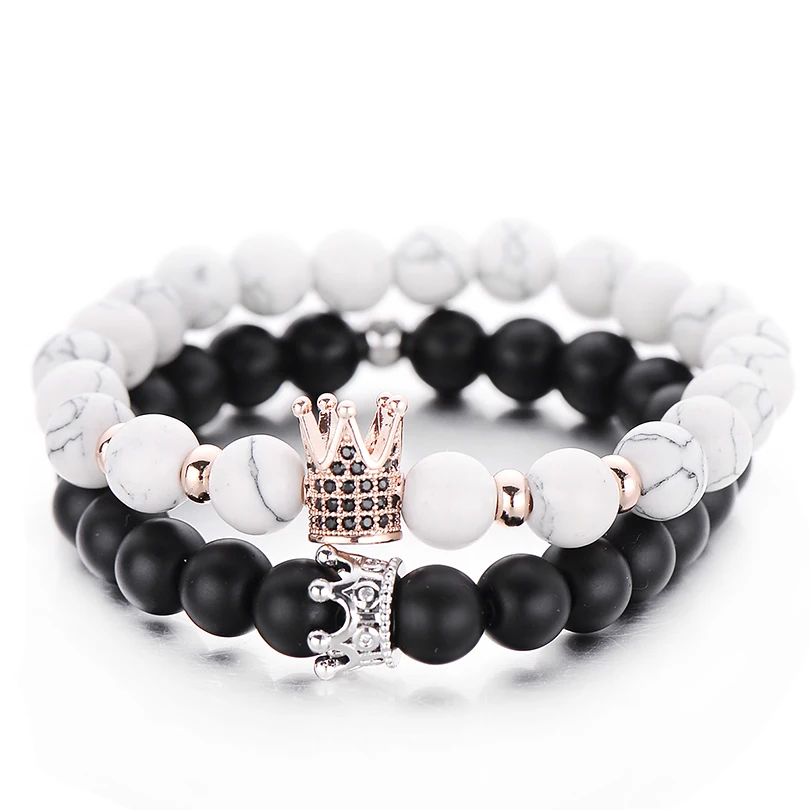 Punk Style Fashion CZ Imperial Crown Strand Bracelets For Men Pulseiras Vintage Women Bangles 8mm Matt Stone Bracelet | Украшения и