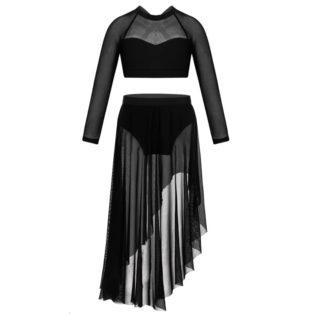 TiaoBug Kids Teens Tulle Lyrical Dance Costumes Set Long Sleeve Crop Top with Ballet Tutu Skirt Gymnastics Shorts Tops Dancewear