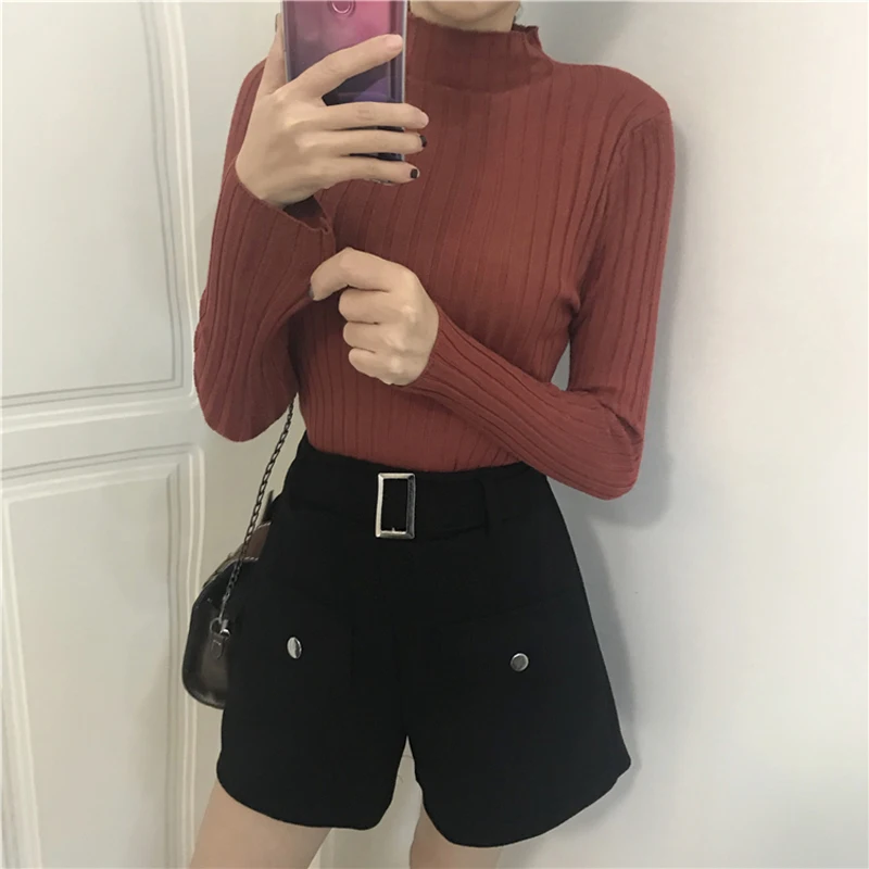 Spring Skinny Striped Women Sweater Half-Turtleneck Full Sleeve Knitted Pullovers Knitwear Femme Elastic Knitting Jumper 2019 | Женская