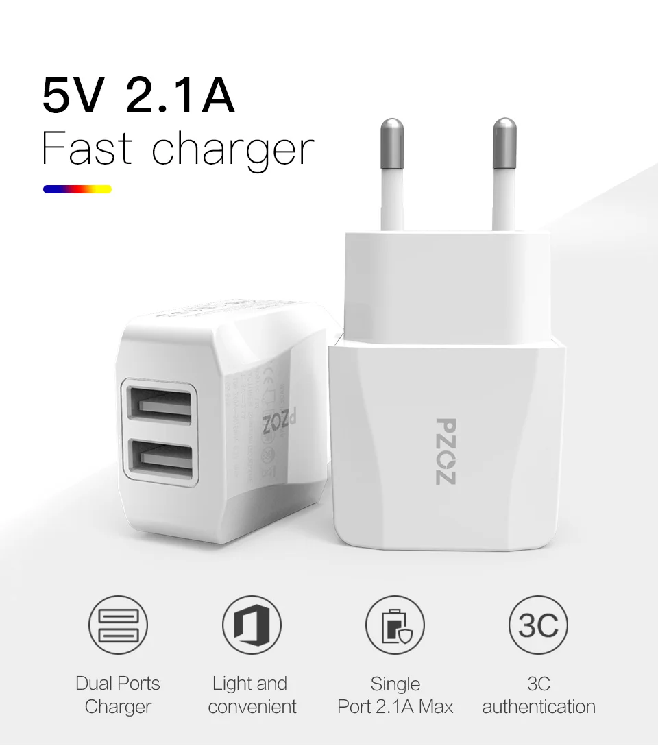PZOZ USB Charger 5v2.1a Fast Charging Travel EU Plug Adapter portable Wall charger Mobile Phone cable For iphone Samsung xiaomi