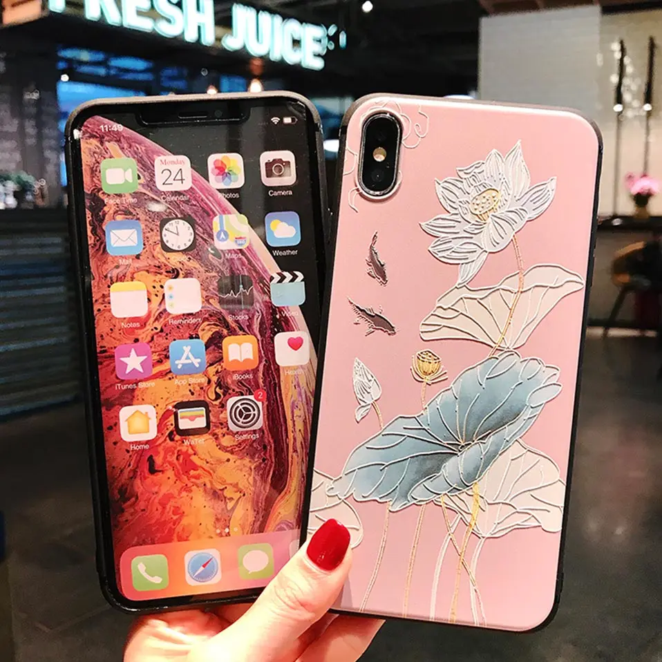 Чехол Emboss в китайском стиле для телефона чехол iPhone 6 S 7 8 Plus Capa XS XR XSMax Lotus Back X |