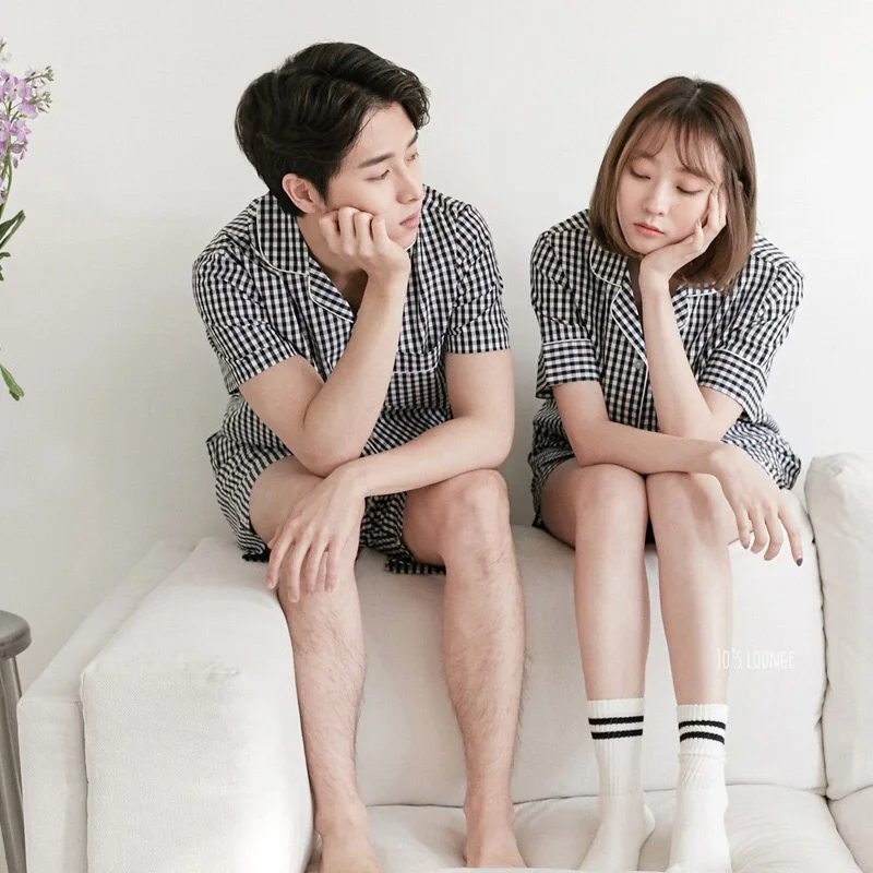 

Men And Women Summer Plaid Pajamas Set Turn-down Collar Couple's Plaid Shirt+Shorts Short Sleeve Cotton Lovers Leisure Homewear