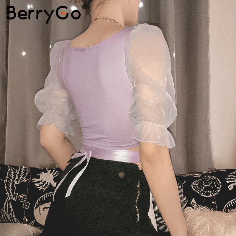 BerryGo сексуальные сетчатые женские короткие топы с v образным вырезом бандажные