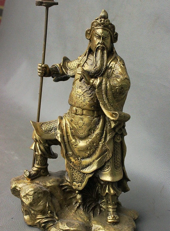 9 китайская латунь шагнула на камень воин Бог Гуань Гонг Ю дракон меч статуя | Дом