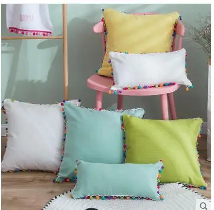 Синий с меховыми помпонами для hug наволочка из хлопка и льна для диванных подушек, наволочки для подушек, кровать милый кот подушка набор 60x60 квадрат