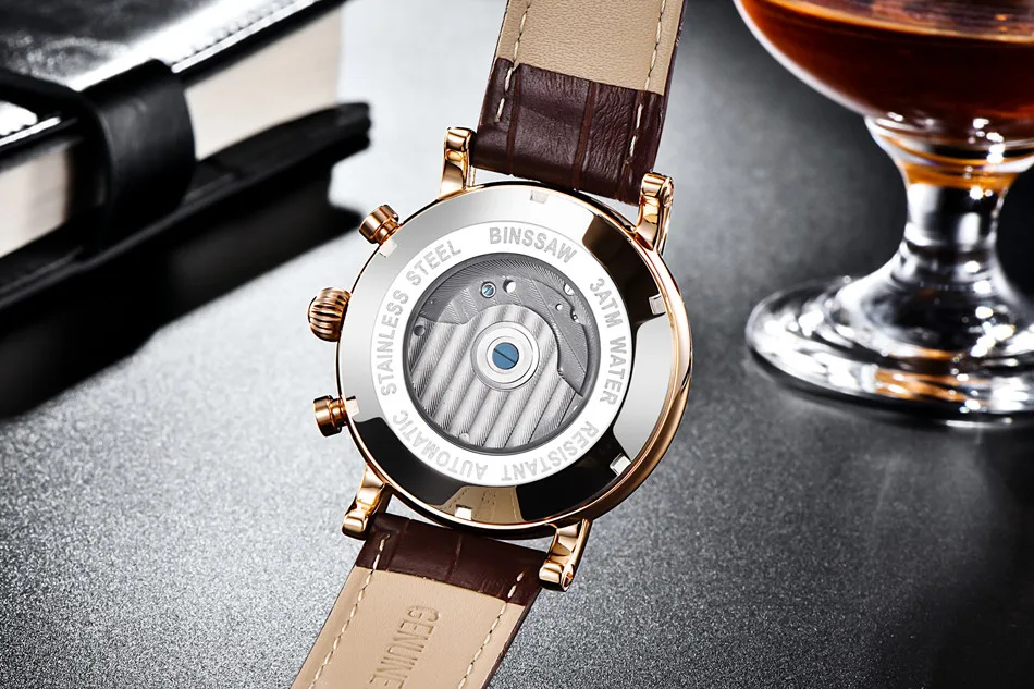 BINSSAW часы для мужчин автоматические механические Tourbillon Роскошные бизнес кожа Нержавеющая сталь спортивные мужские s часы Relogio Masculino