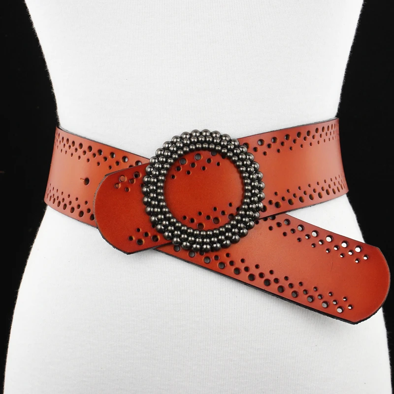 

Lady Genuine Leather Belt Girls Wide Decoration Belt Female Cowskin Windbreaker Students Crotch Waist Hollowing Waistband B8401