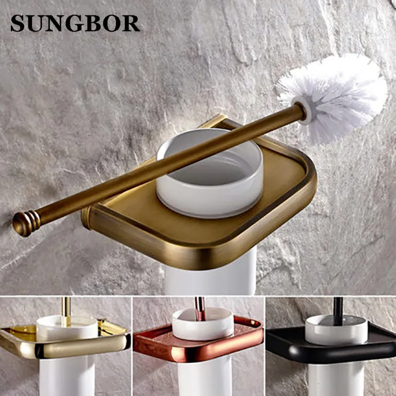 

4-style Toilet Brush Holder Solid Brass Construction Base Ceramic Cup Antique Brass/golden/rose golden/oil rubbed bronze HY-2209
