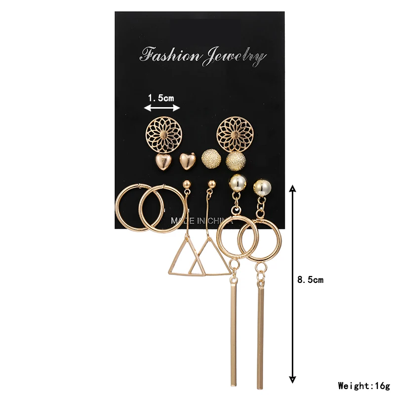 punk golden metal geometric round triangle hanging dangle earrings fashion hollow carved flower heart set for women | Украшения и