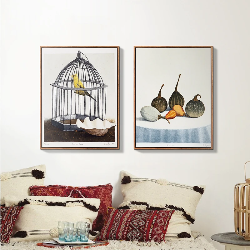 Картина маслом на холсте с изображением канареек и тыкв американской деревни