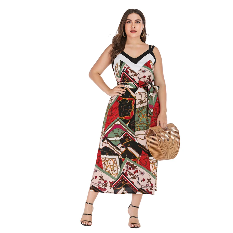 Женское летнее платье большого размера с v-образным вырезом и принтом без рукавов