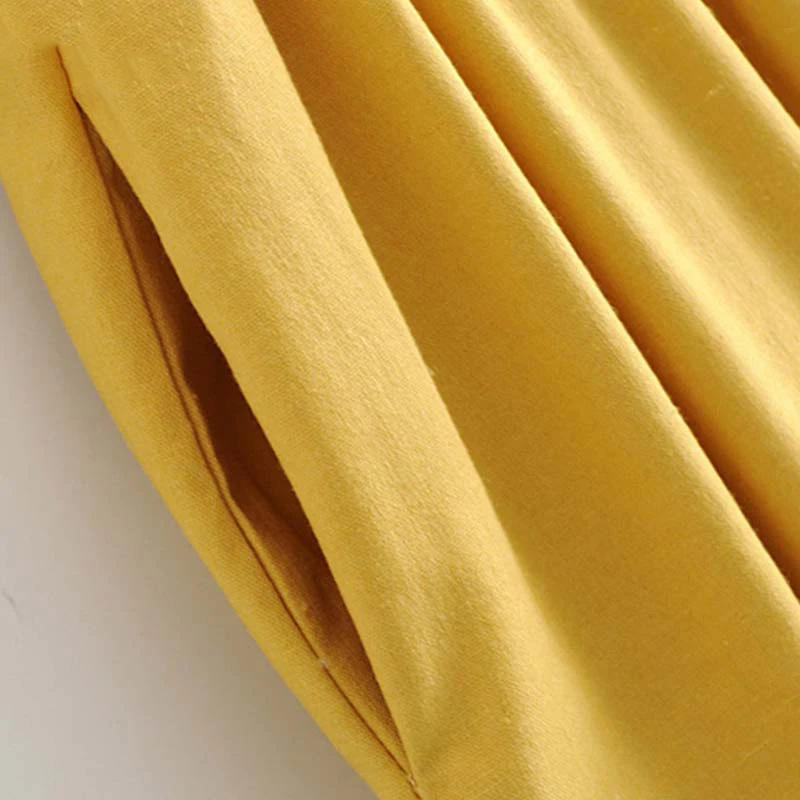Летнее Сексуальное желтое платье миди с v образным вырезом без рукавов карманами