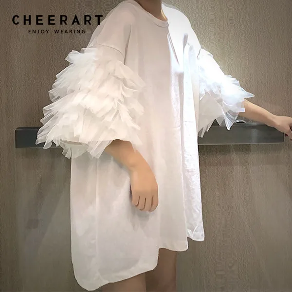 Белый CHEERART летняя негабаритная футболка женская с коротким рукавом сетчатый топ хлопковые футболки Femme топ с пышными рукавами Корейская уличная одежда - Цвет: Белый