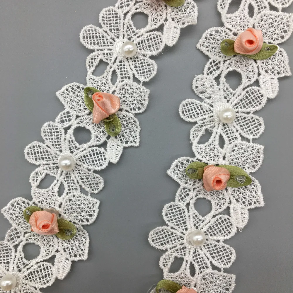 2 Yard Vintage Polyester Pink Flower Leaves Pearl Fabric Lace Trim Wedding Dress Ribbon Embroidered Applique Sewing Crafts | Дом и сад