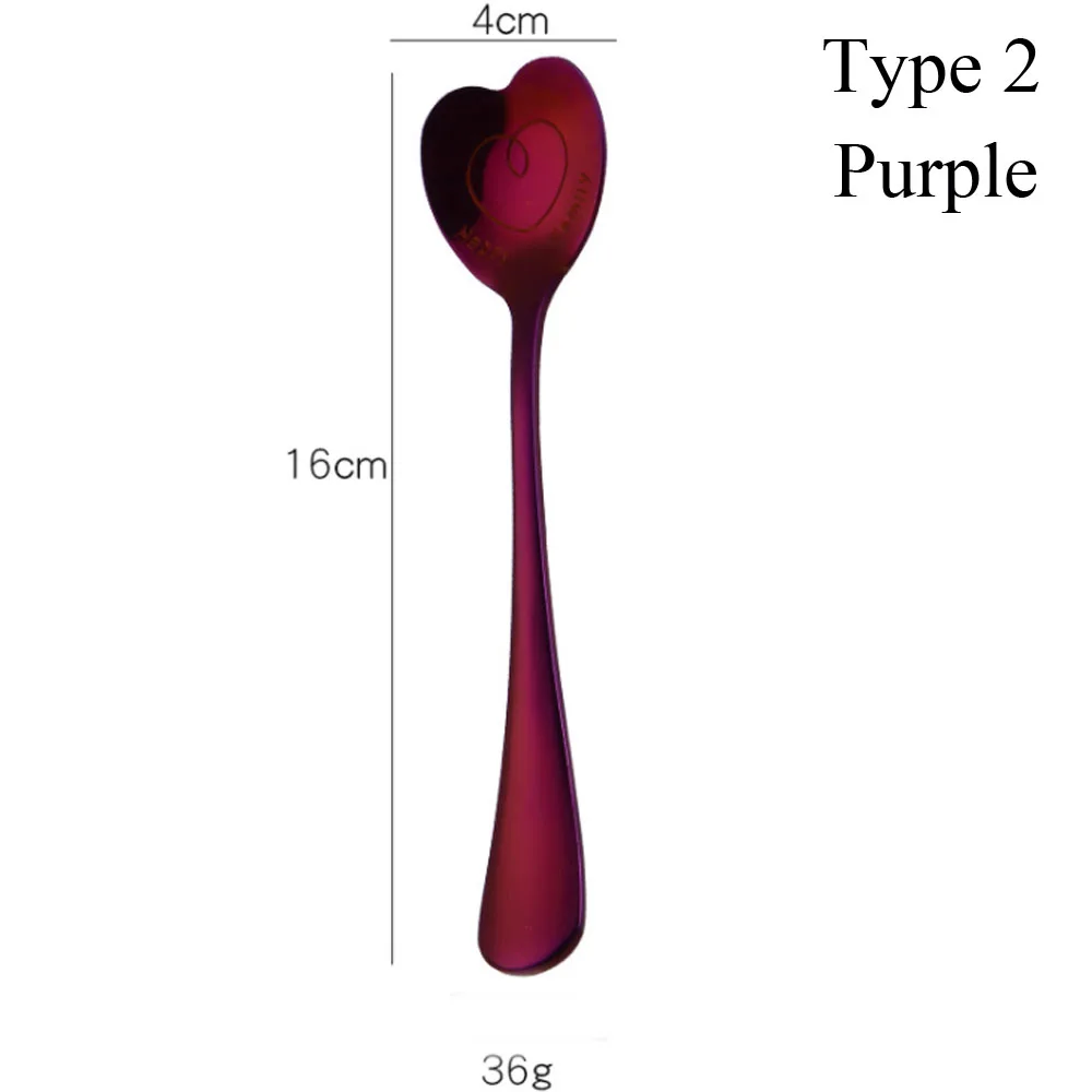 Type2 purple Красочная кофейная ложка в форме сердца из нержавеющей стали, свадебная десертная чайная ложка, кухонные принадлежности, Роскошная Посуда - Цвет: Type2 purple